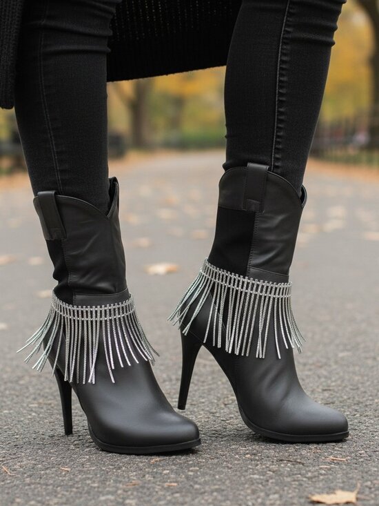 Women Boot Metal Chain Long Silver Bracelet Shoe Anklet Bling African Charm SET main image 5